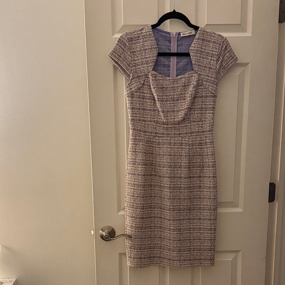 Grace Karin Tweed Midi Sheath Dress, Cream and Purple